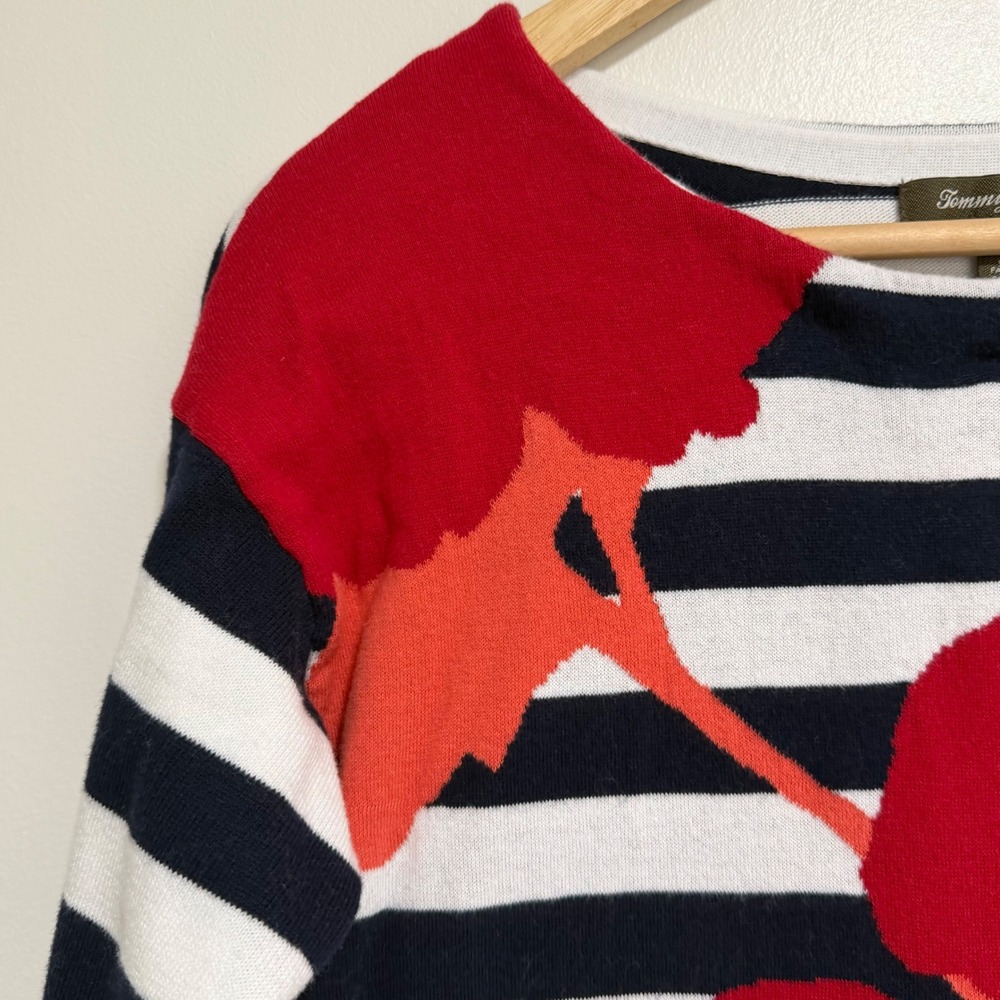 Tommy Bahama Hibiscus Floral Striped Sweater Womens S Navy Blue White Nautical - Picture 4 of 10